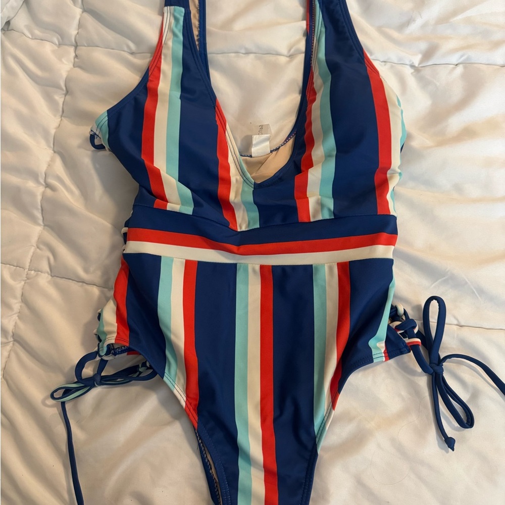 Cupshe One Piece Swimsuit - Blue, Red, White Stripes